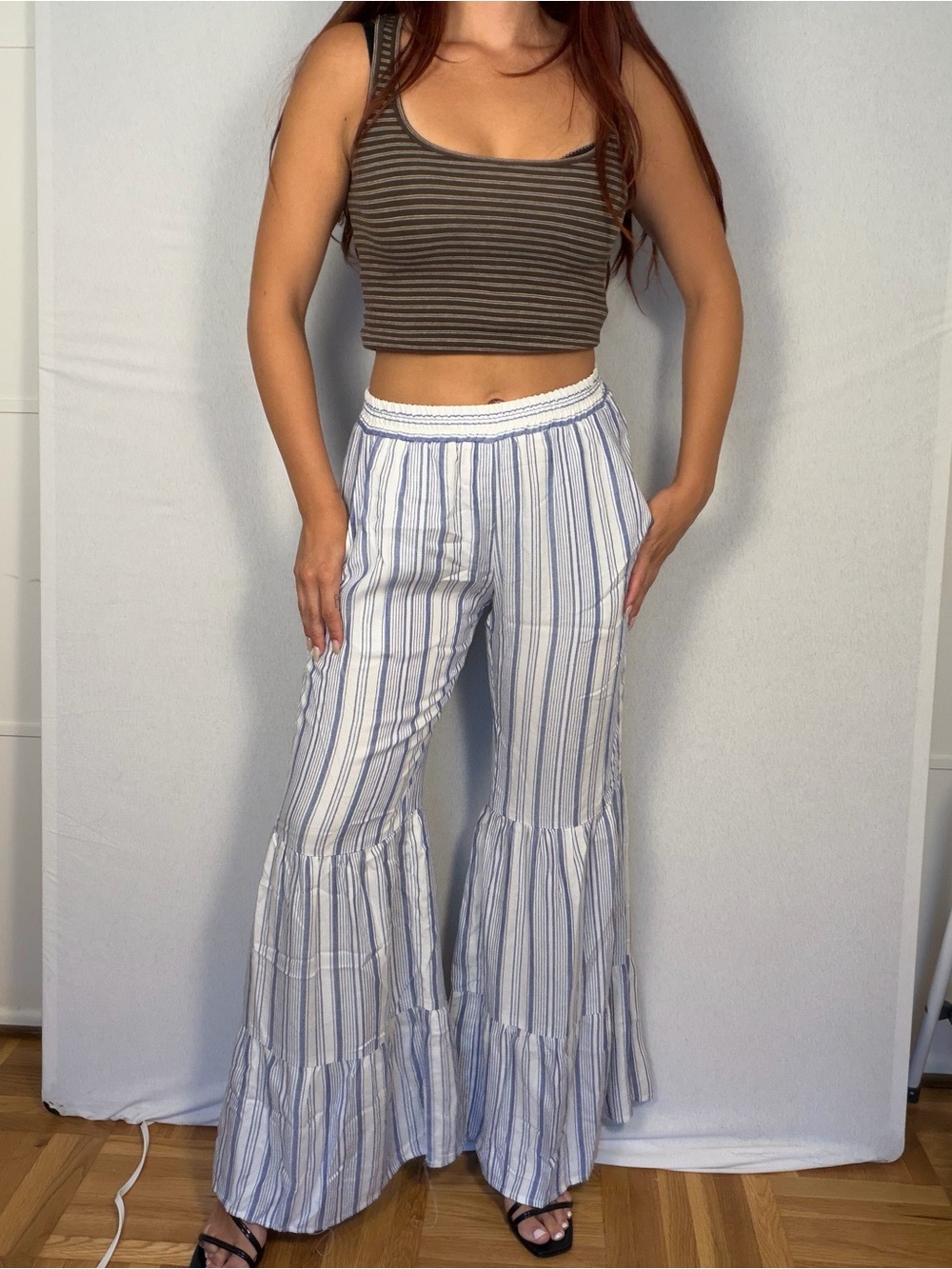 DREW Blue & White Striped Tiered Wide-Leg Pants